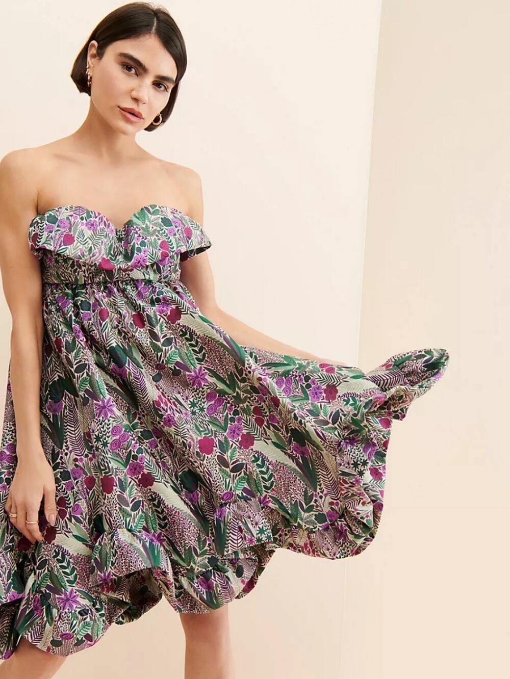 Anna Sui Floral Jacquard Strapless Floral Mini Dress